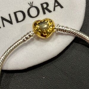 Pandora Silver Bracelet with 18K Gold Plated Heart closure. NWOT.